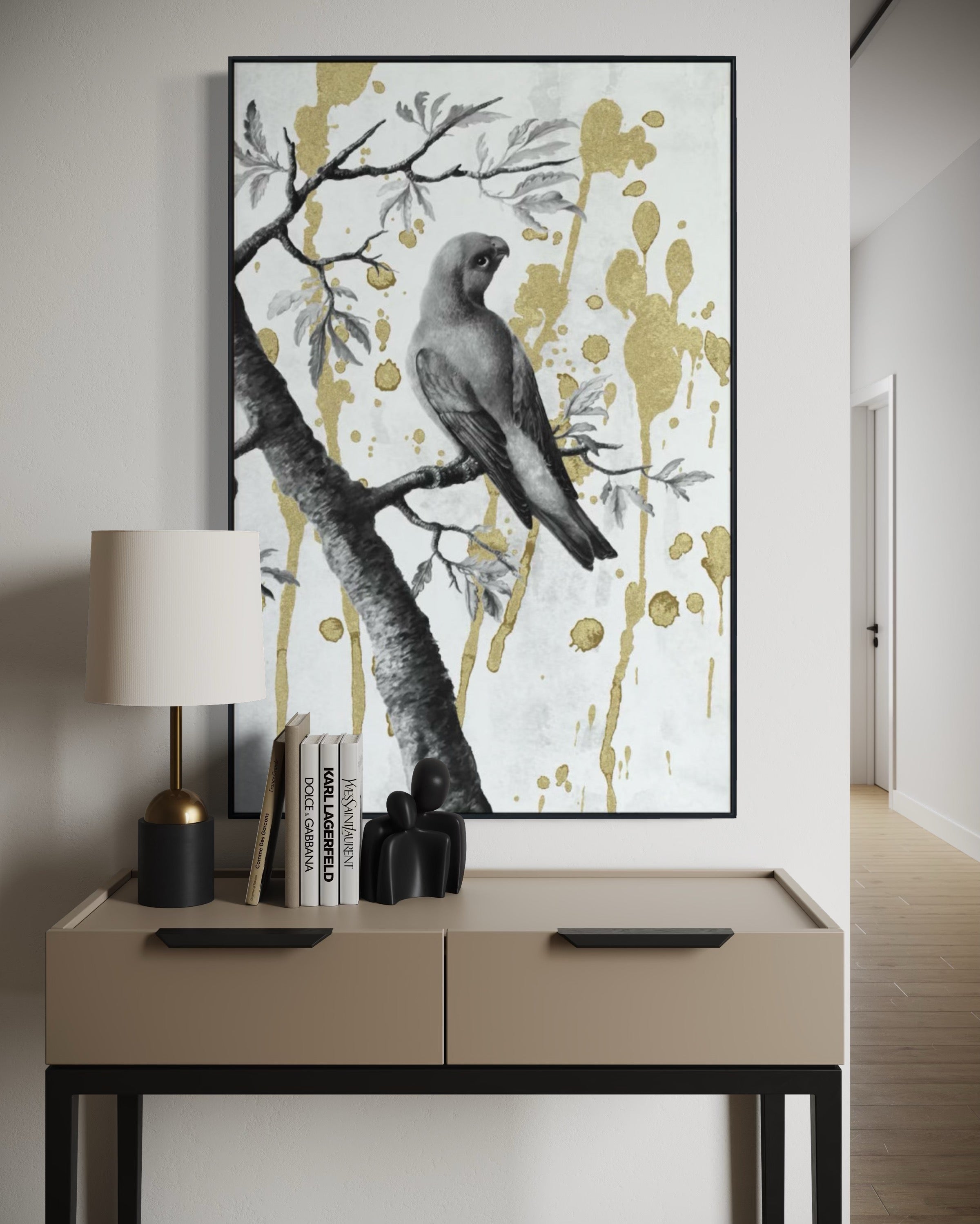 Cuadro Decorativo Abstracto Negro Arena 2-266 - Perico, Loro, Aves En Blanco y Negro Arte Elegante con Dorado Oro