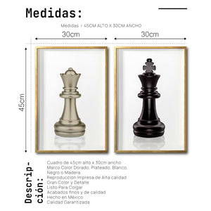 Set de Cuadros Decorativos Juegos 001 - Ajedrez Rey y Reina Para Comedor