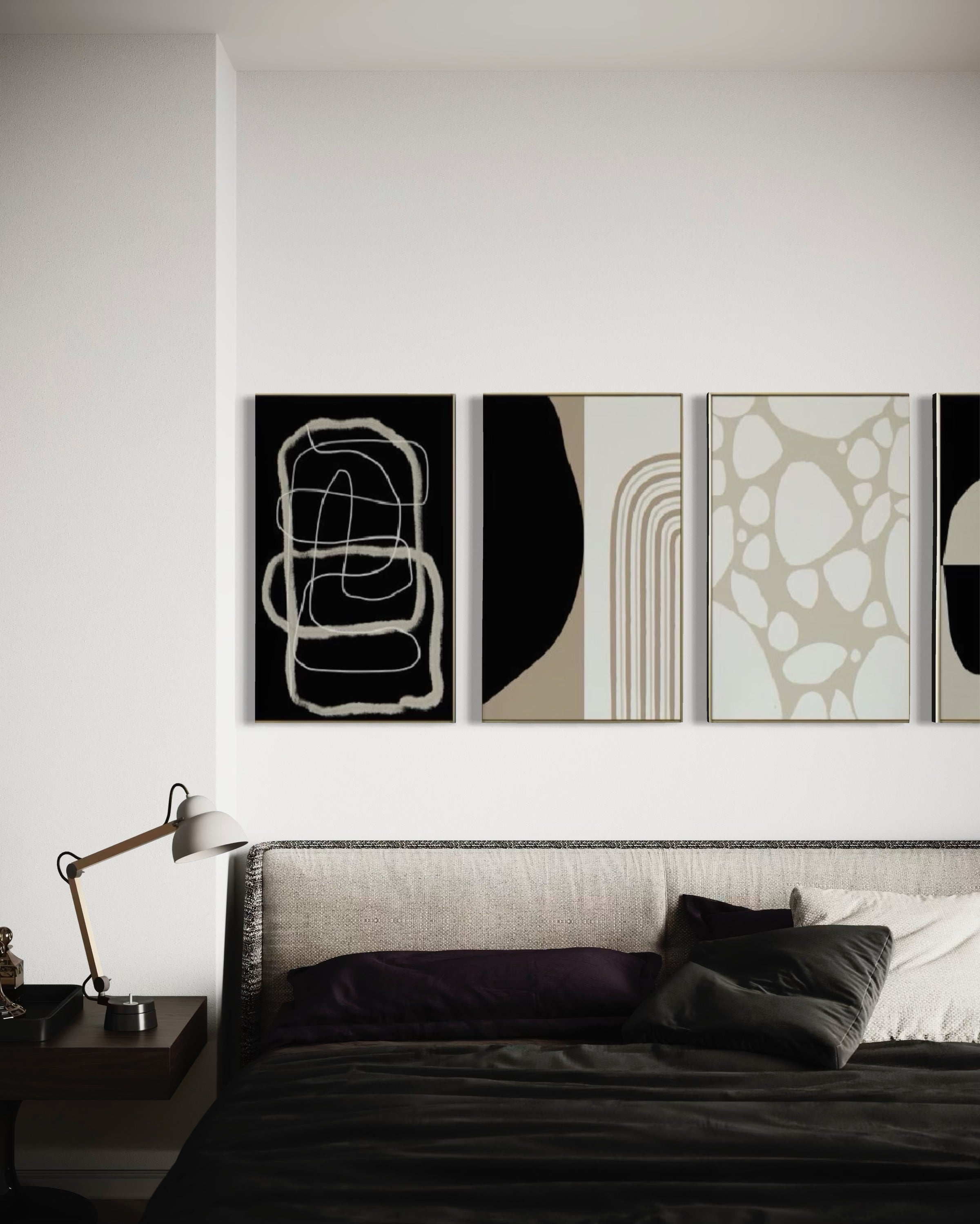 Set Cuadros Decorativos Abstracto Negro Arena 2 - 230 C - 4piezas Arte Moderno y Minimalista Estilo Boho Nordico Tonos Neutros