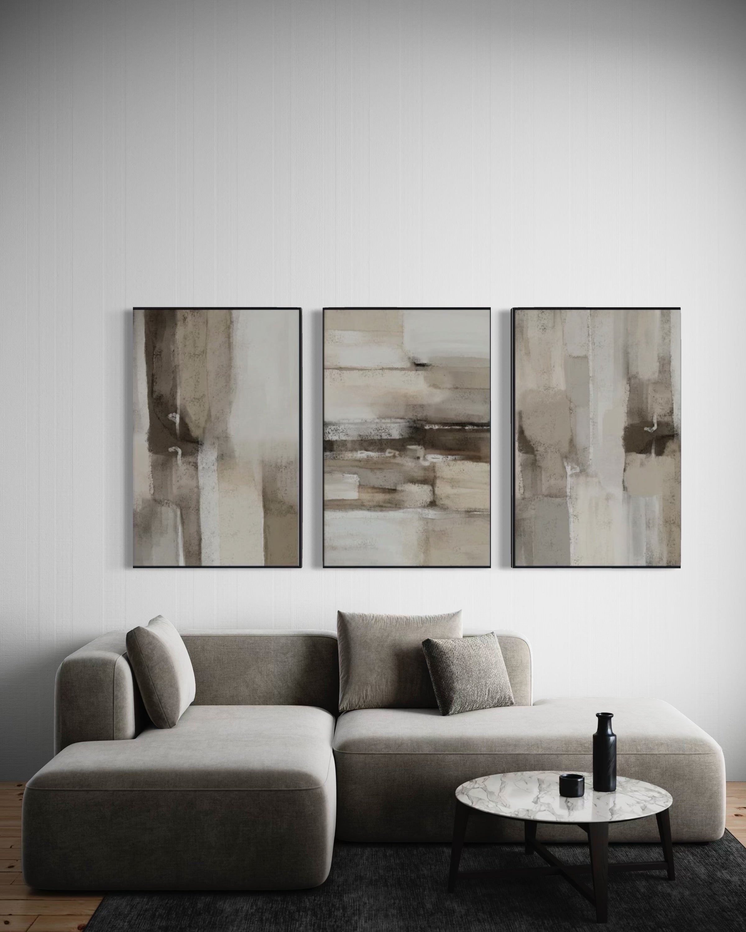 Set Cuadros Decorativos Abstracto Negro Arena 2 - 211 - Triptico En tonos Beige y Cafe Colores Neutros Arte Moderno Estilo Boho Nordico