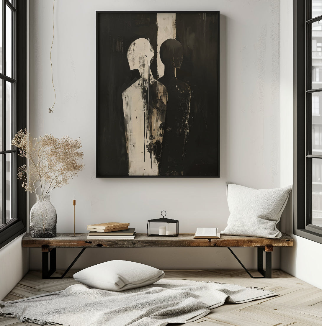Cuadro Decorativo Abstracto Negro Arena 2-223 Siluetas Humanas Minimalistas Arte Moderno de Pareja Rostro en Negro y Beige Tonos Neutros