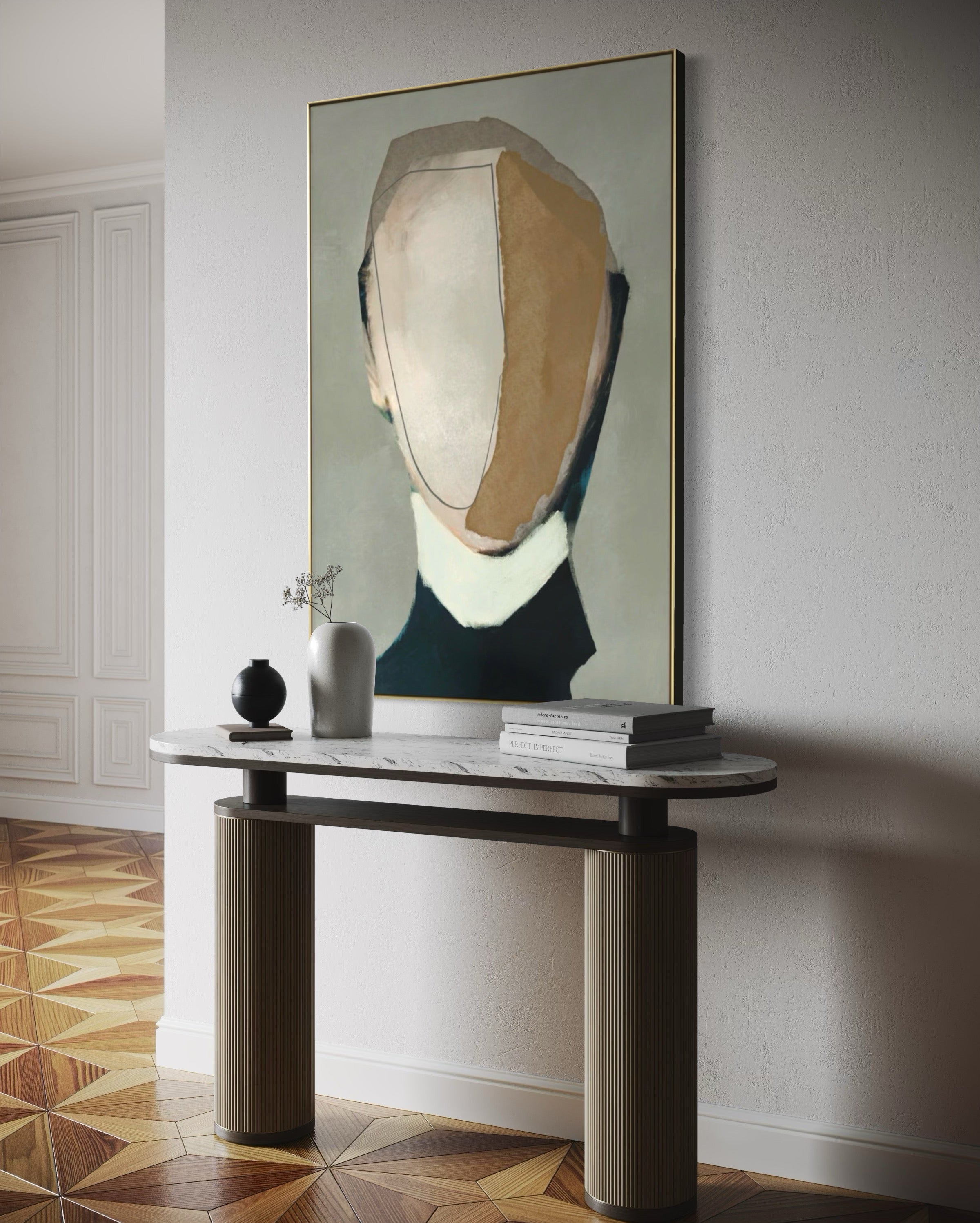 Cuadro Decorativo Abstracto Negro Arena 2-233 Rostro Modernos Cara Minimalista en Tonos Neutros