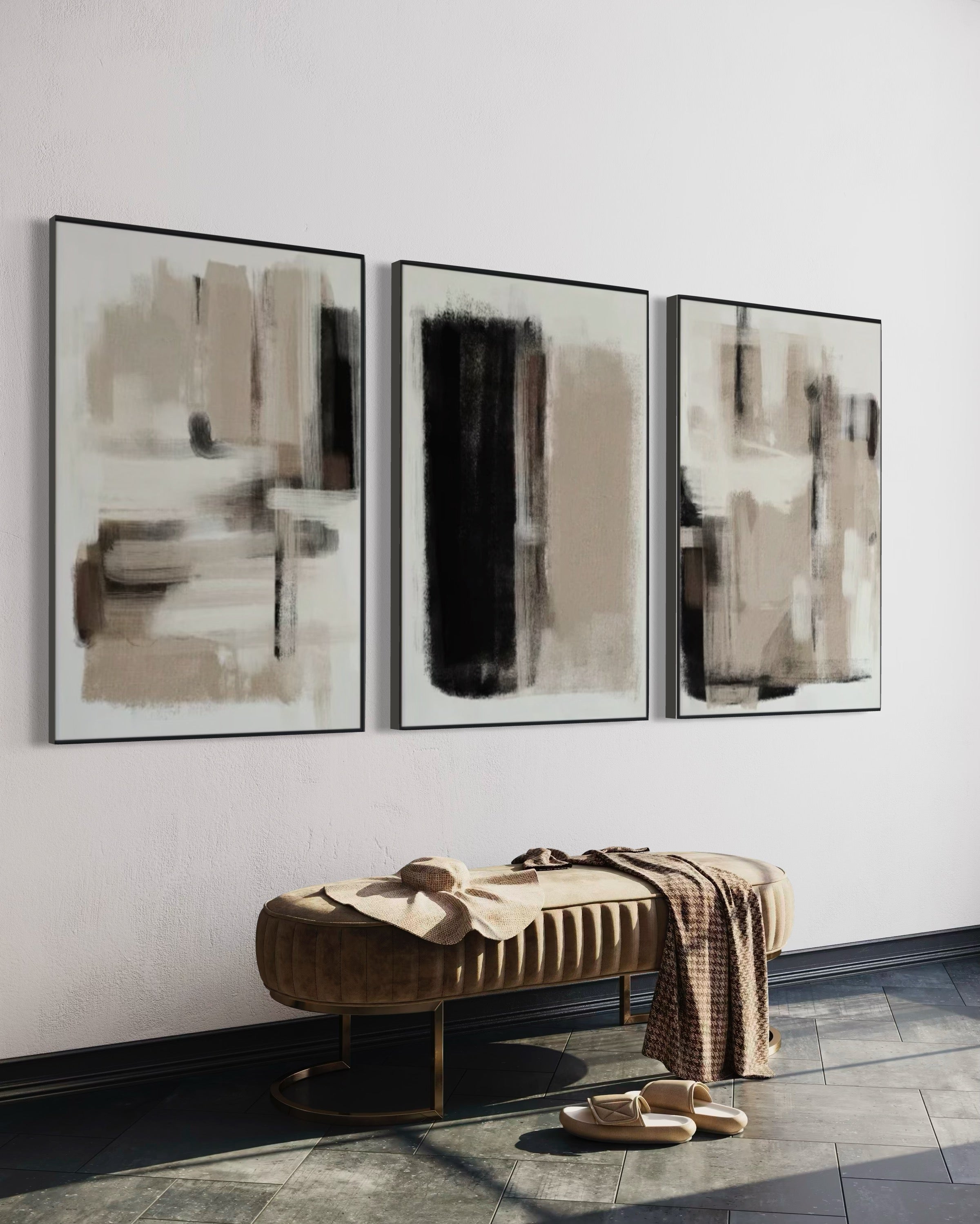 Set Cuadros Decorativos Abstracto Negro Arena 2 - 204 - Triptico Moderno Arte Minimalista estilo Nordico Boho en Tonos Neutros