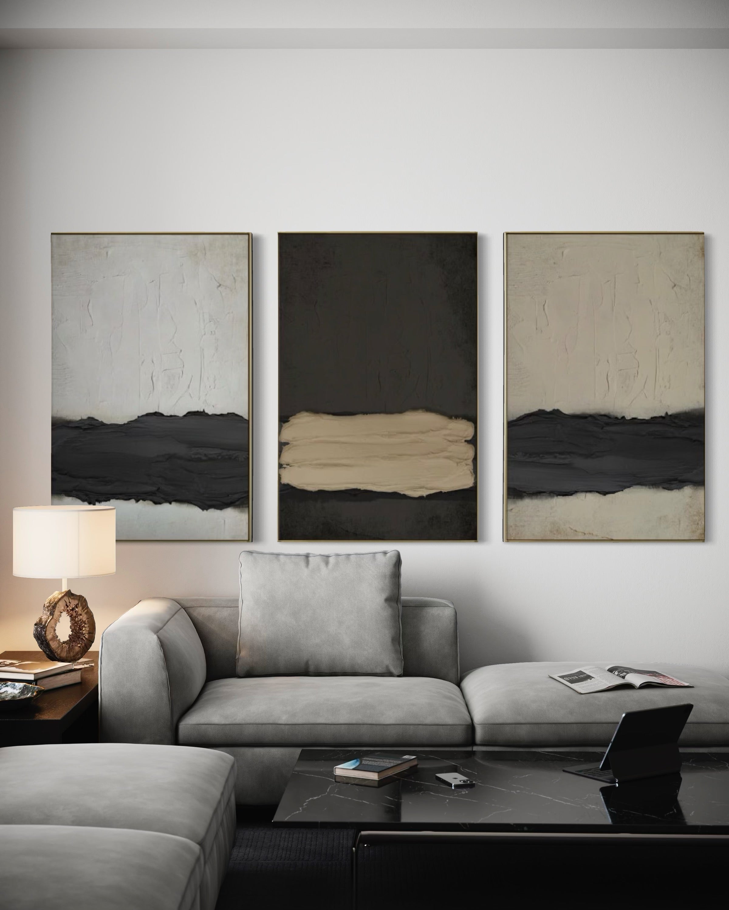 Set Cuadros Decorativos Abstracto Negro Arena 2 - 241 - Triptico Moderno y Elegante Arte Minimalista Estilo Nordico Tonos Neutros