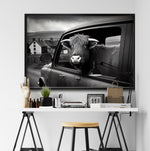 Cargar imagen en el visor de la galería, Venta de cuadros decorativos Canvas Animals Car window para tu sala. Animales Clásicos, moderno. Blanco y Negro. Vaca de las tierras altas.
