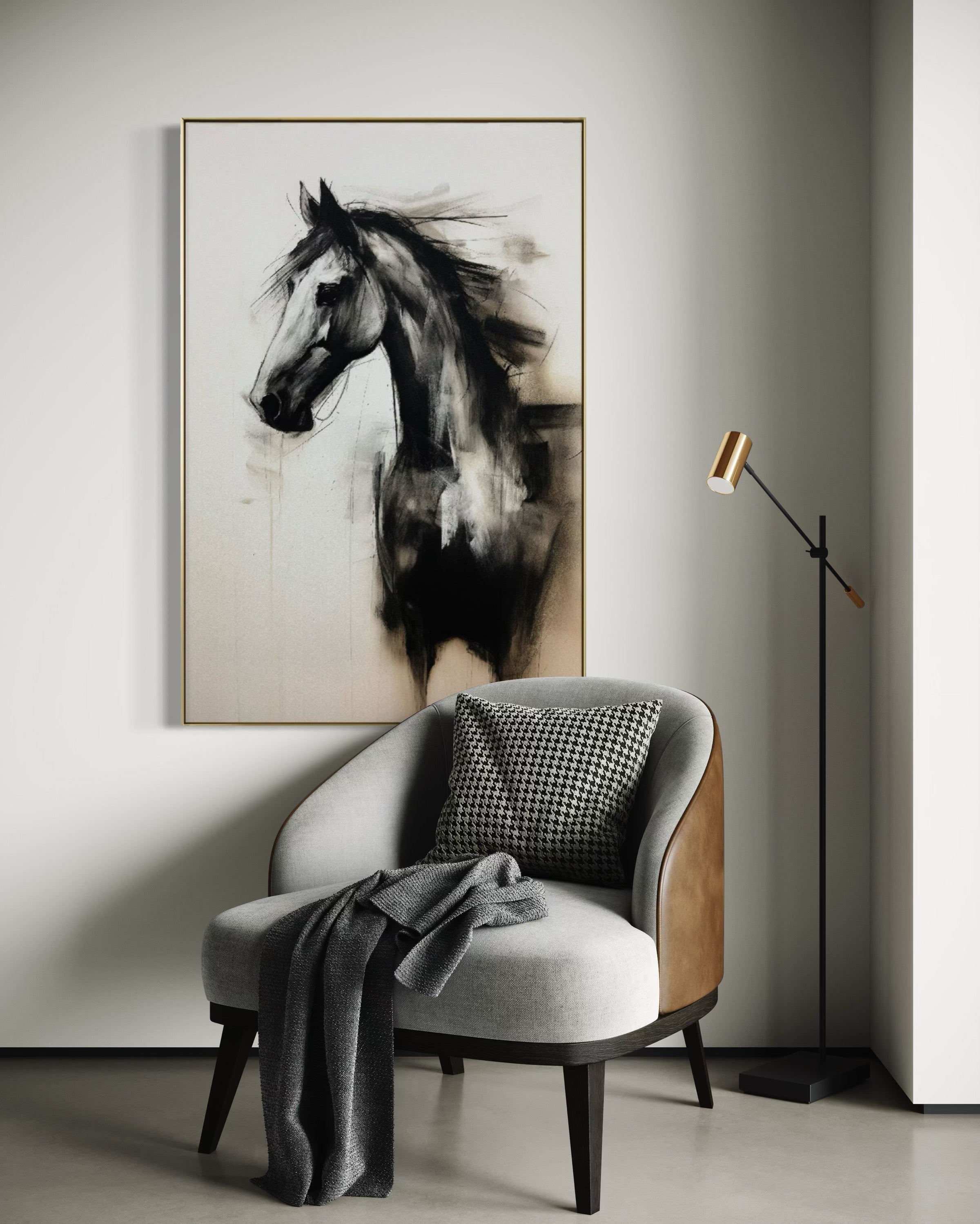 Cuadro Decorativo Abstracto Negro Arena 2- 258 -Boceto de Caballo Negro Arte Moderno en Tonos Neutros