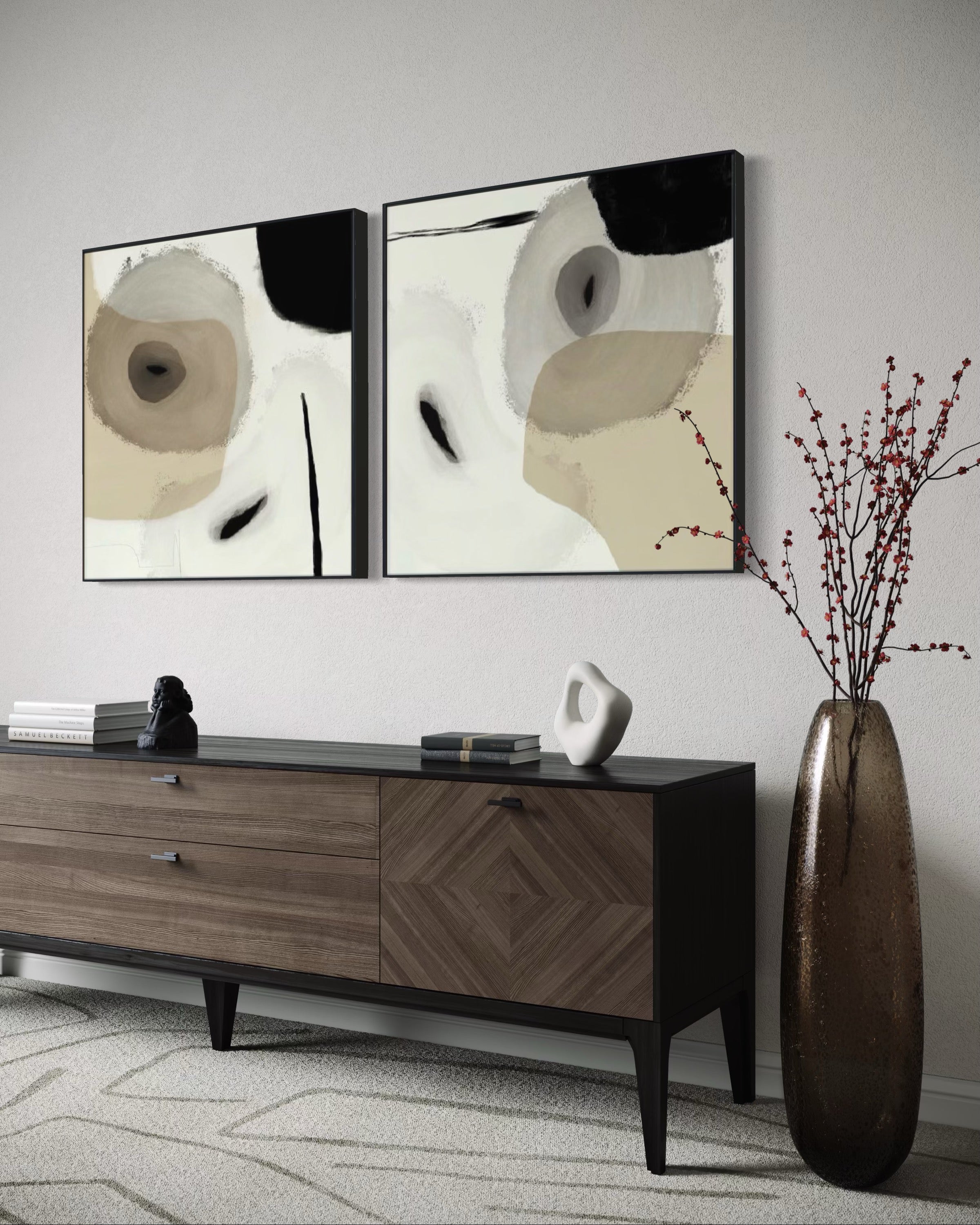 Set Cuadros Decorativos Abstracto Negro Arena 2-234 - Diptico Moderno y Elegante Estilo Nordico en Beige y Negro Tonos Neutros