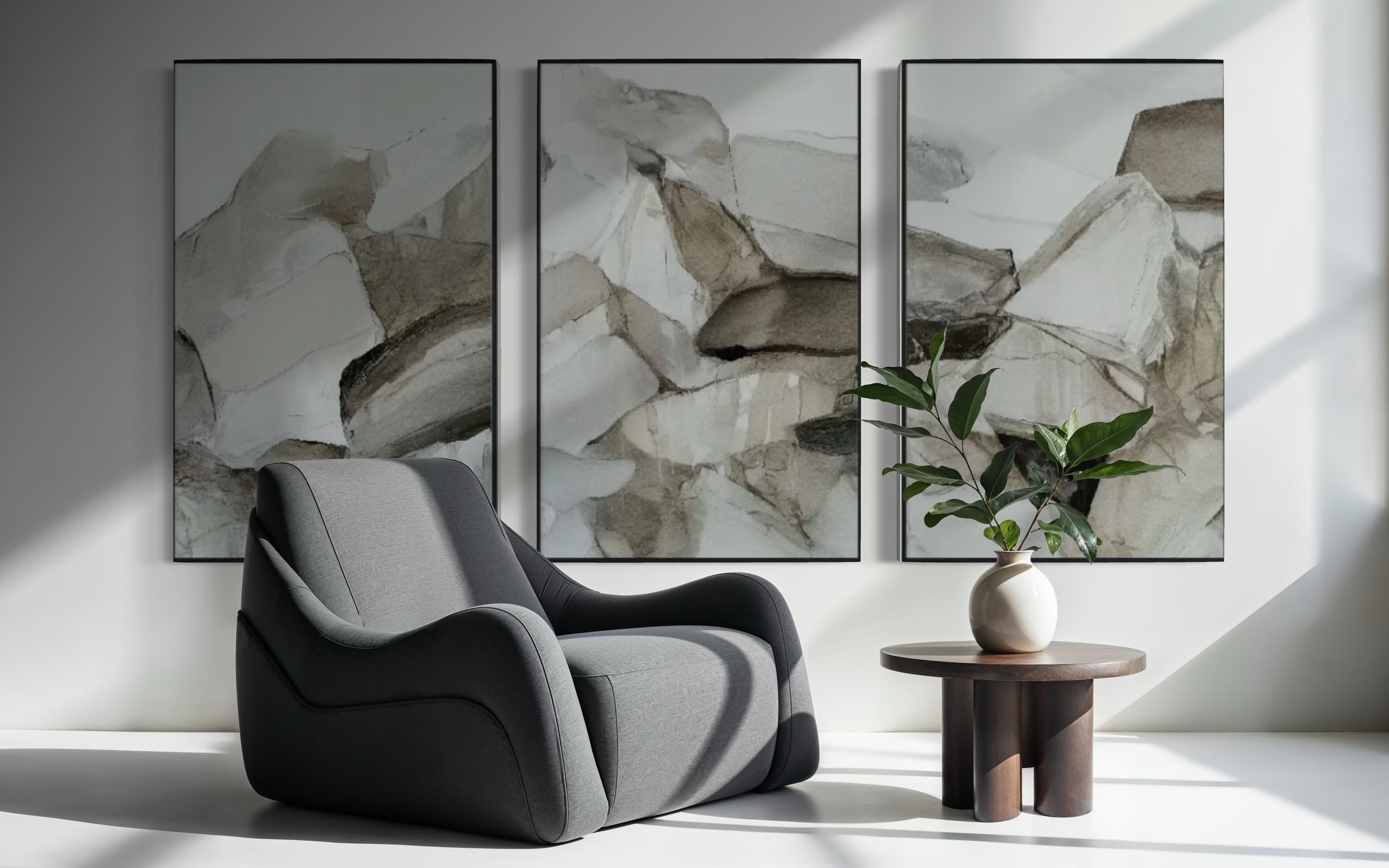 Set Cuadros Decorativos Abstracto Negro Arena 2 - 202 - Triptico Minimalista Estilo Boho Arte Nordico en Tonos Neutros