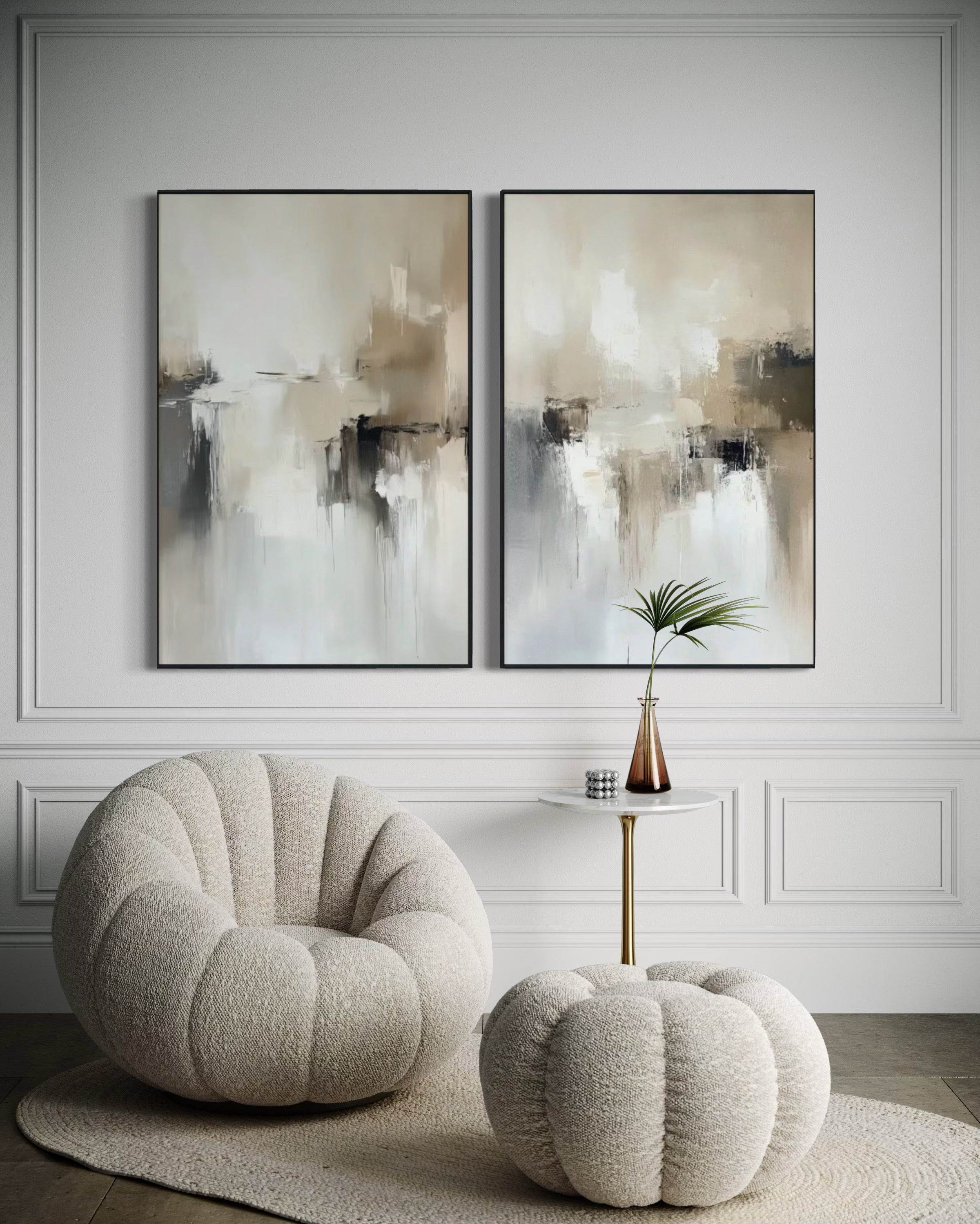 Set Cuadros Decorativos Abstracto Negro Arena 2 - 201 - Diptico Minimalista Estilo Nordico en Tonos Neutros