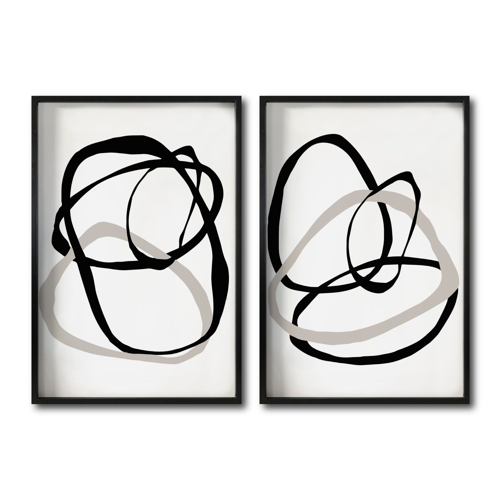 Set 2 Cuadros Decorativos Abstracto Negro Arena 004 - Arte lineal Estilo Boho Minimalista