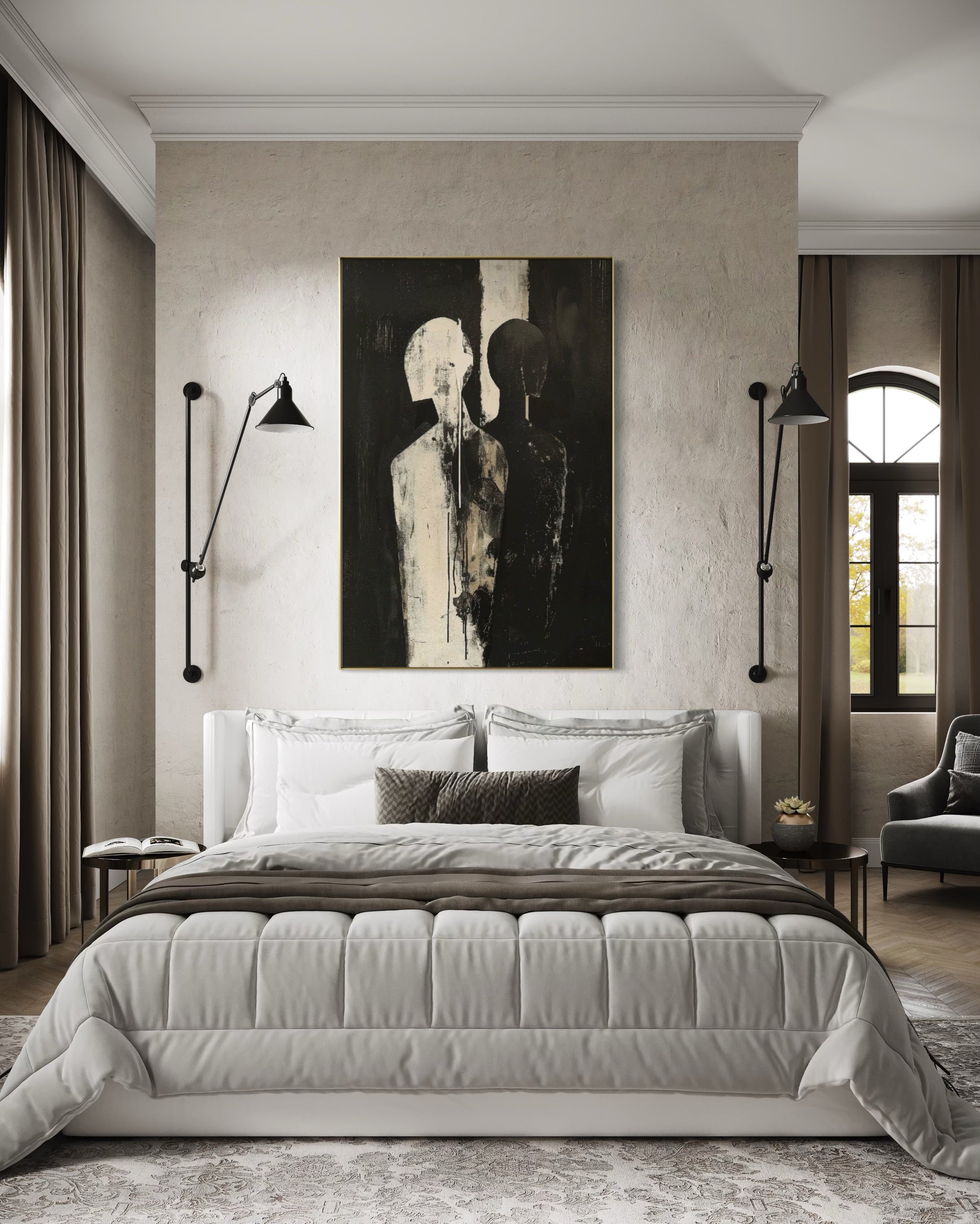 Cuadro Decorativo Abstracto Negro Arena 2-223 Siluetas Humanas Minimalistas Arte Moderno de Pareja Rostro en Negro y Beige Tonos Neutros