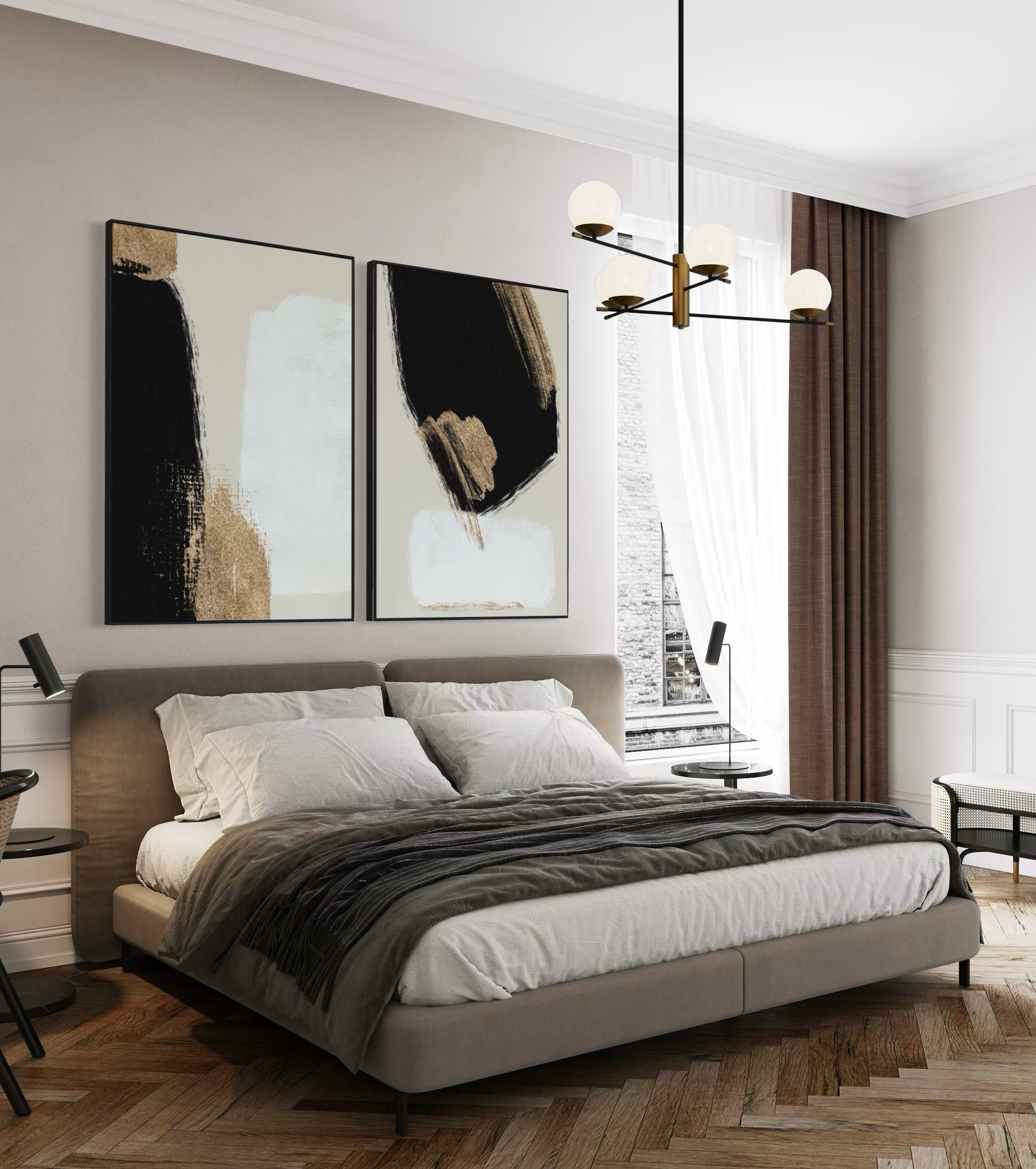 Set Cuadros Decorativos Abstracto Negro Arena 2 - 214 - Diptico Moderno y Elegante Arte Estilo Nordico en Tonos Neutros con Dorado Oro