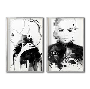 Set 2 Cuadros Decorativos Abstracto Negro Arena 005 - Rostros de Mujer Acuarela Blanco y Negro Estilo Boho Minimalista