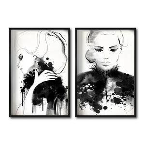 Set 2 Cuadros Decorativos Abstracto Negro Arena 005 - Rostros de Mujer Acuarela Blanco y Negro Estilo Boho Minimalista