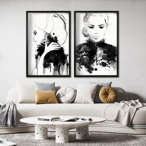 Set 2 Cuadros Decorativos Abstracto Negro Arena 005 - Rostros de Mujer Acuarela Blanco y Negro Estilo Boho Minimalista