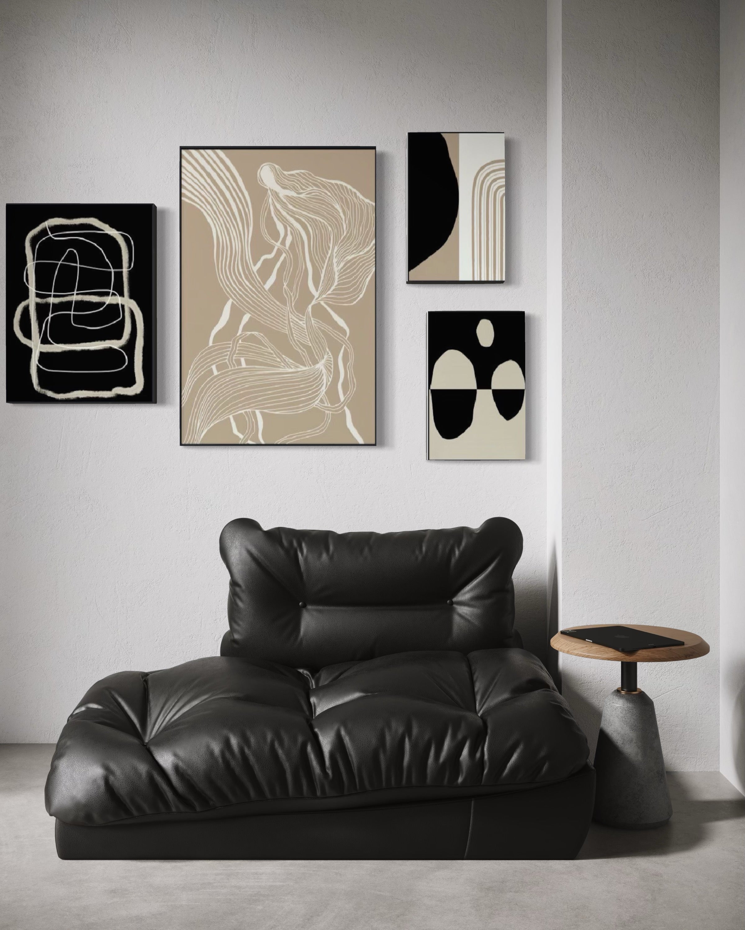 Set Cuadros Decorativos Abstracto Negro Arena 2 - 230 B - 4piezas Arte Moderno y Minimalista Estilo Nordico Tonos Neutros