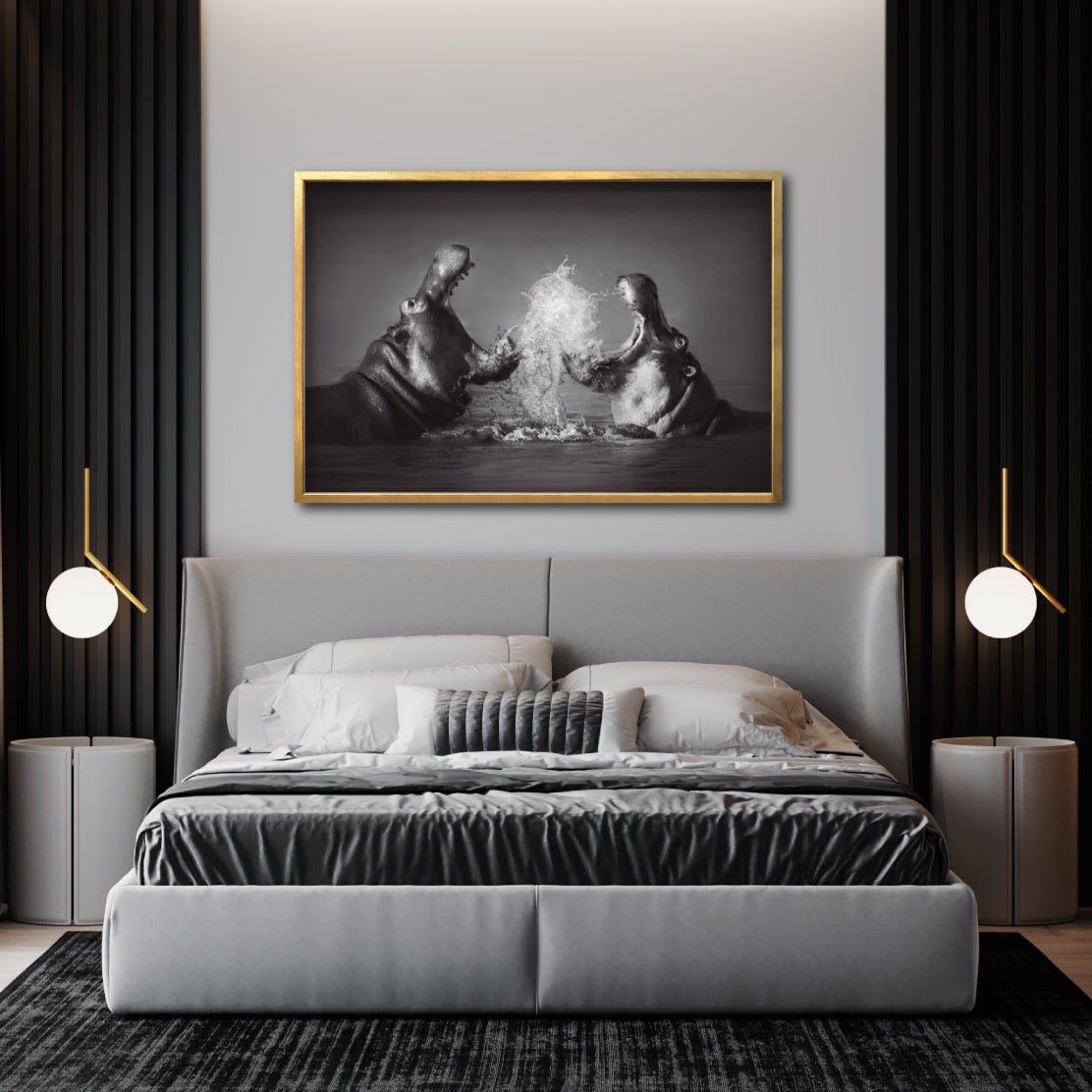 Cuadro Decorativo Fauna 007 - Hipopótamos Blanco y Negro