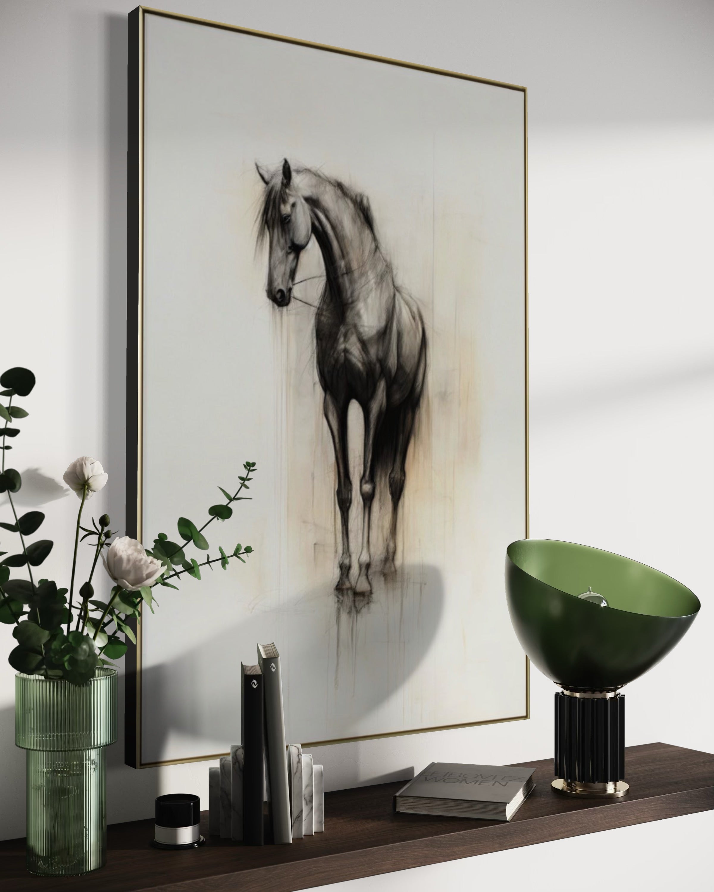 Cuadro Decorativo Abstracto Negro Arena 2 - 260 - Boceto de Caballo Negro Ate Moderno y Minimalista Estilo Nordico Tonos Neutros