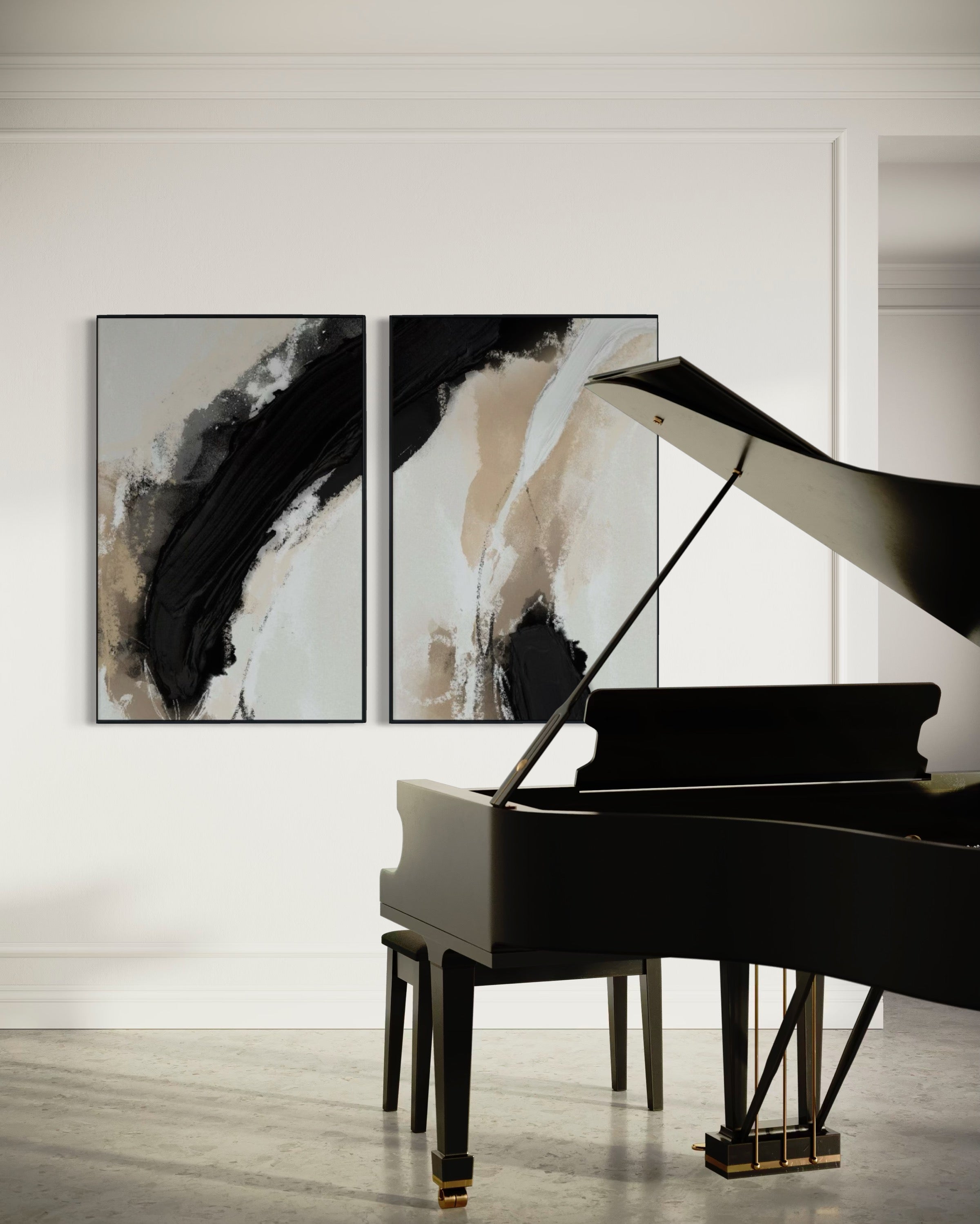 Set Cuadros Decorativos Abstracto Negro Arena 2 - 212 - Diptico Moderno y Minimalista en Tonos Negro y Beige Colores Neutros Estilo Nordico