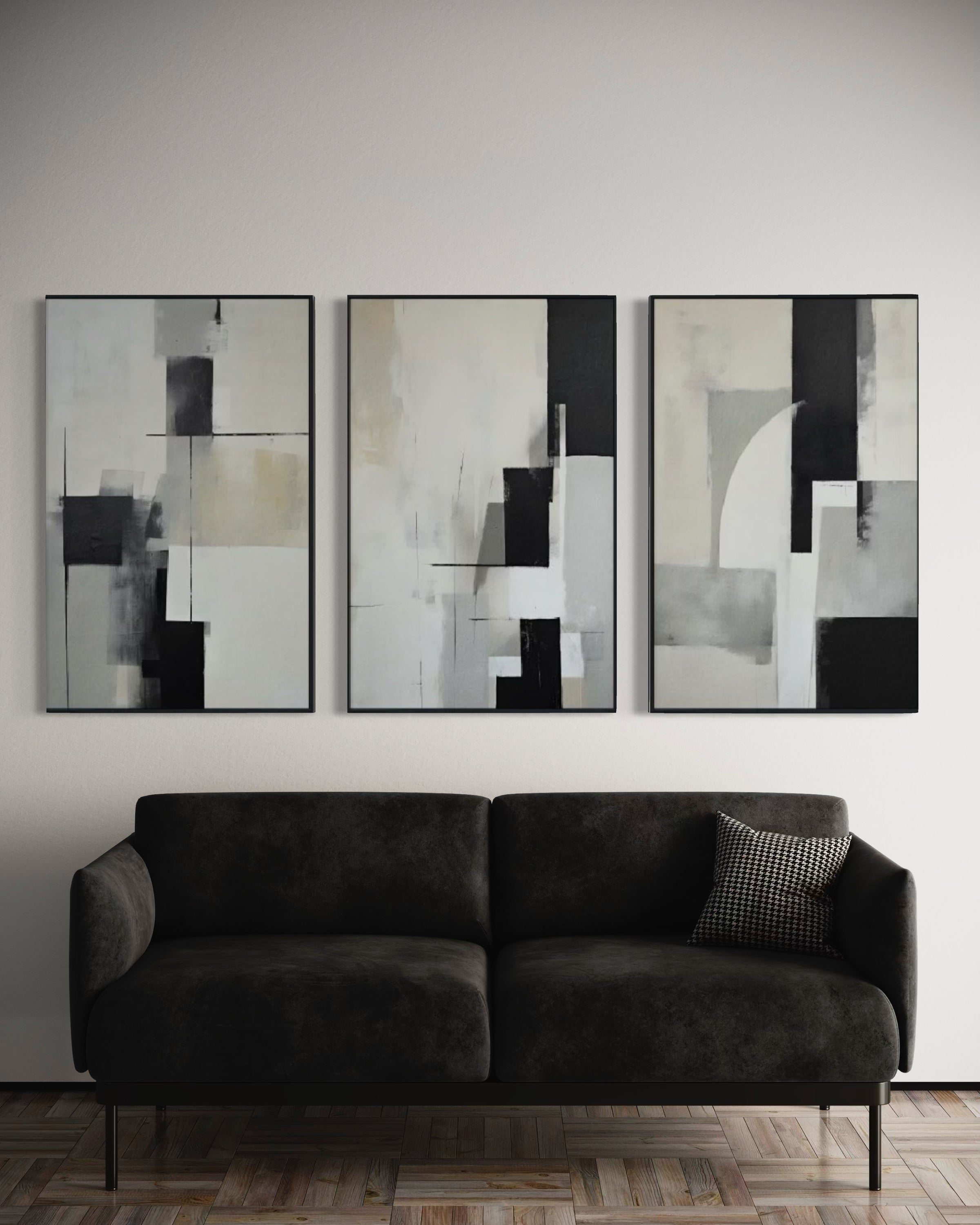 Set Cuadros Decorativos Abstracto Negro Arena 2-227 - Triptico Moderno y Elegante Arte Minimalista Estilo Nordico en Tonos Neutros