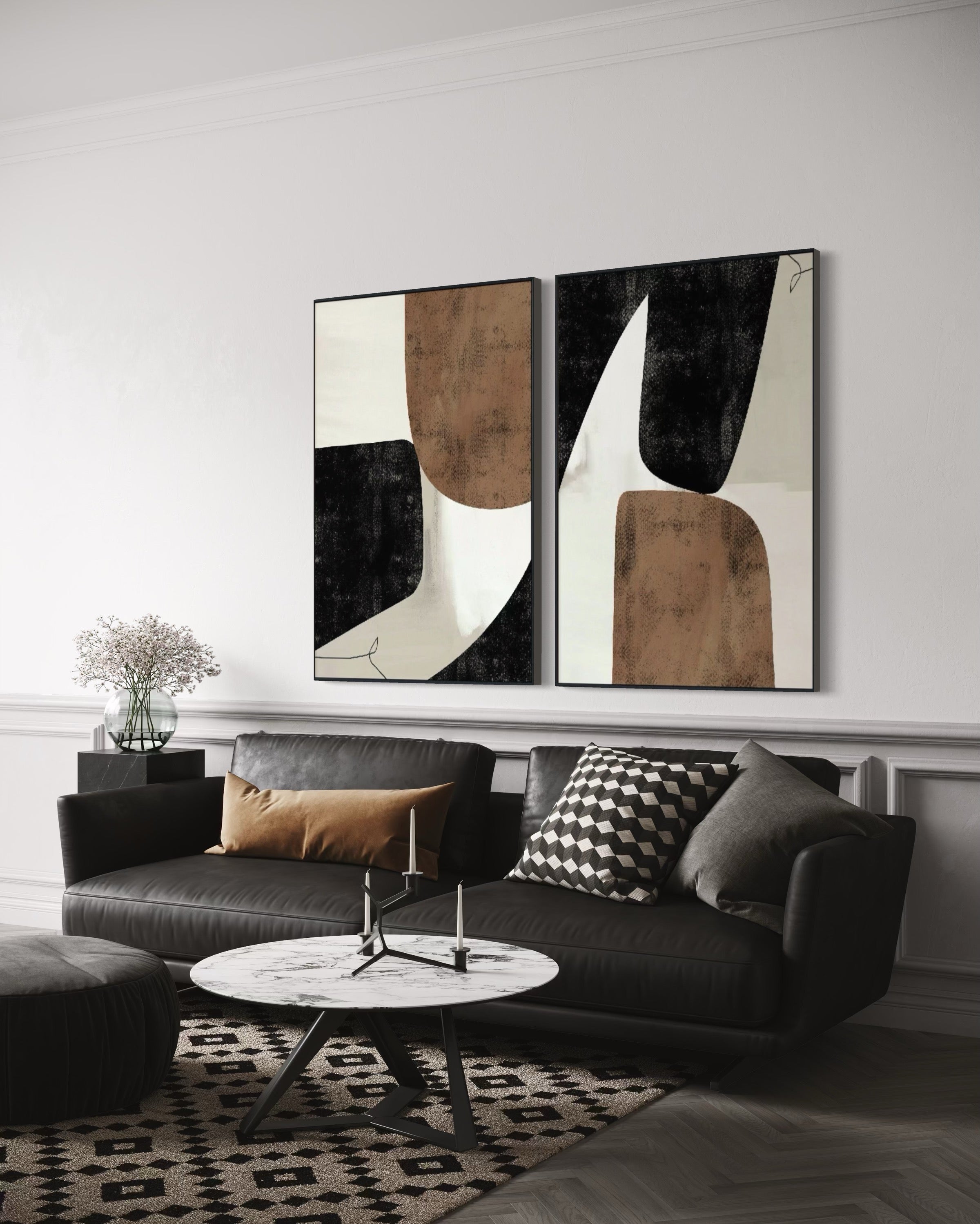 Set Cuadros Decorativos Abstracto Negro Arena 2 - 208 - Diptico Moderno y Elegante Estilo Nordico Boho en Tonos Neutros