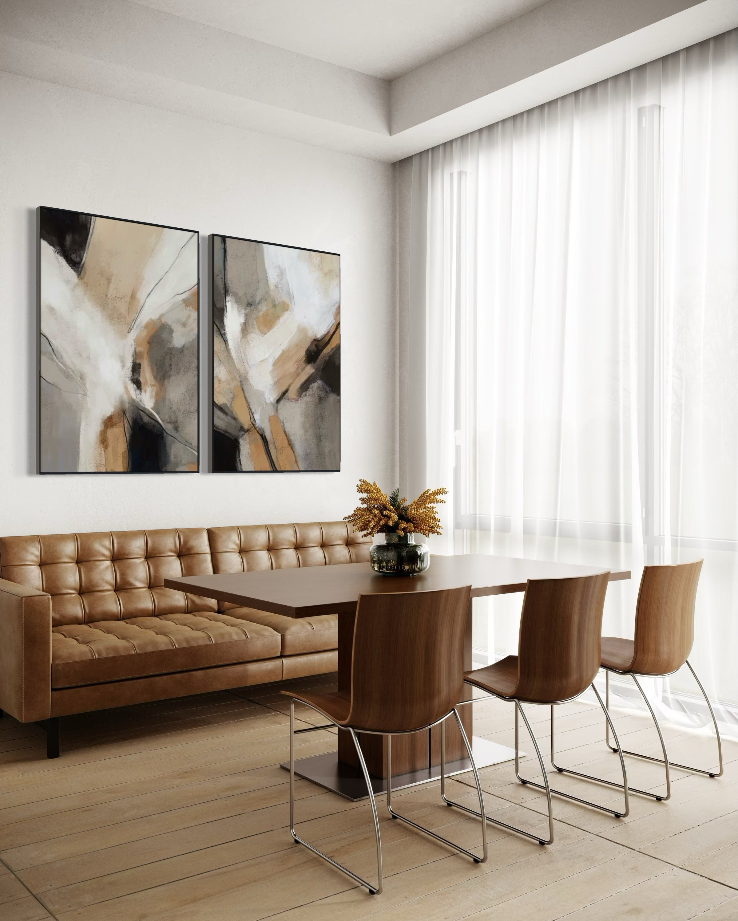 Set Cuadros Decorativos Abstracto Negro Arena 2 - 206 - Diptico Modernos Arte Minimalista estilo Boho en Tonos Neutros Cálidos