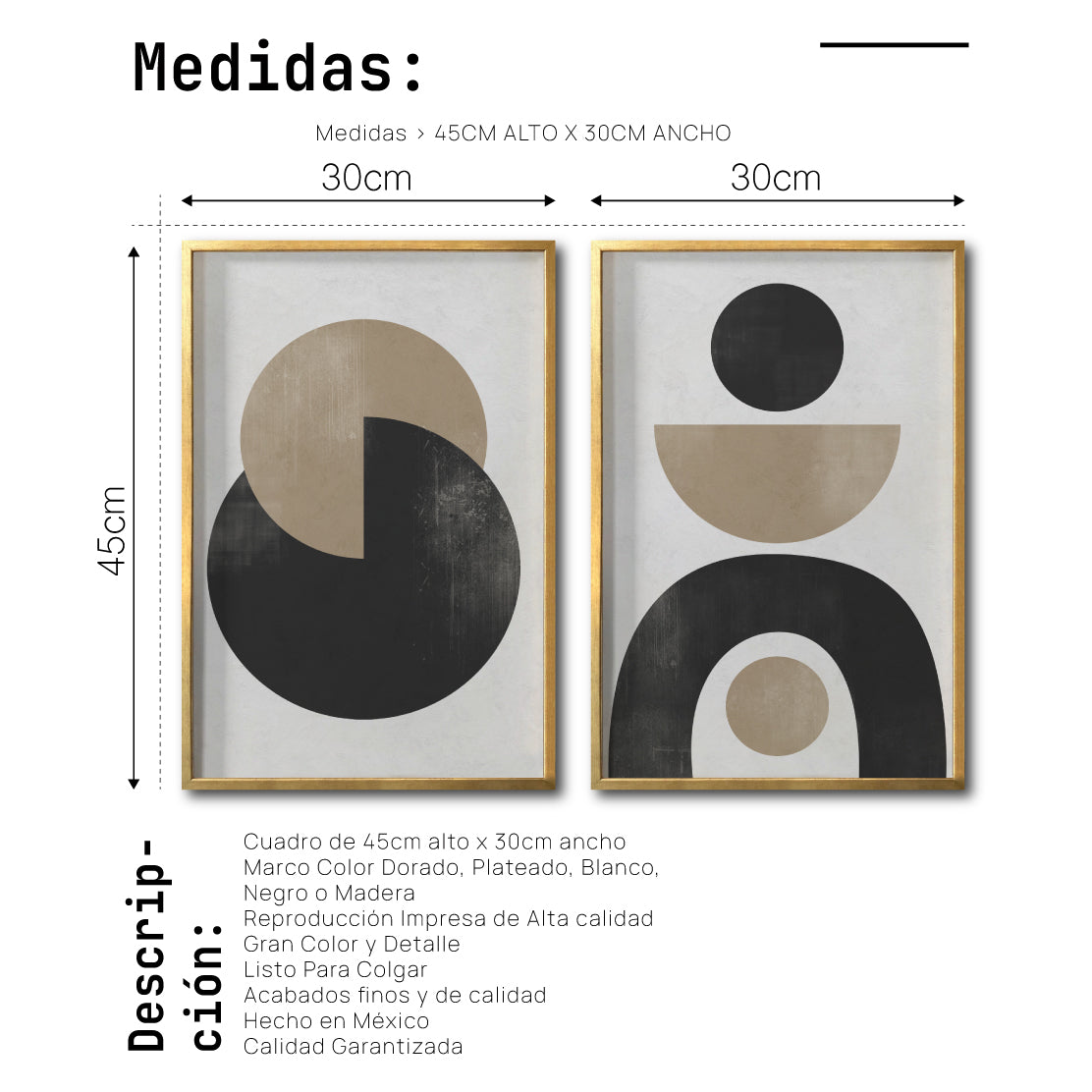 Set 2 Cuadros Decorativos Abstracto Negro Arena 008 - Arte Geométrico Estilo Boho Minimalista