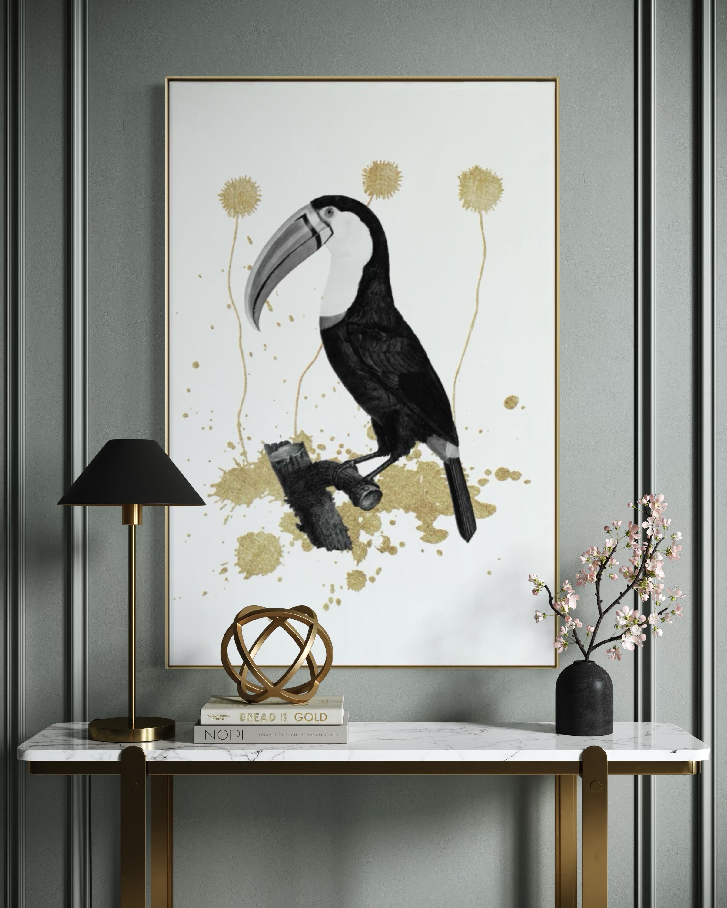 Cuadro Decorativo Abstracto Negro Arena 2-268 - Boceto de Tucan, Aves en Blanco, Negro y Dorado Oro Arte Moderno Estilo Boho