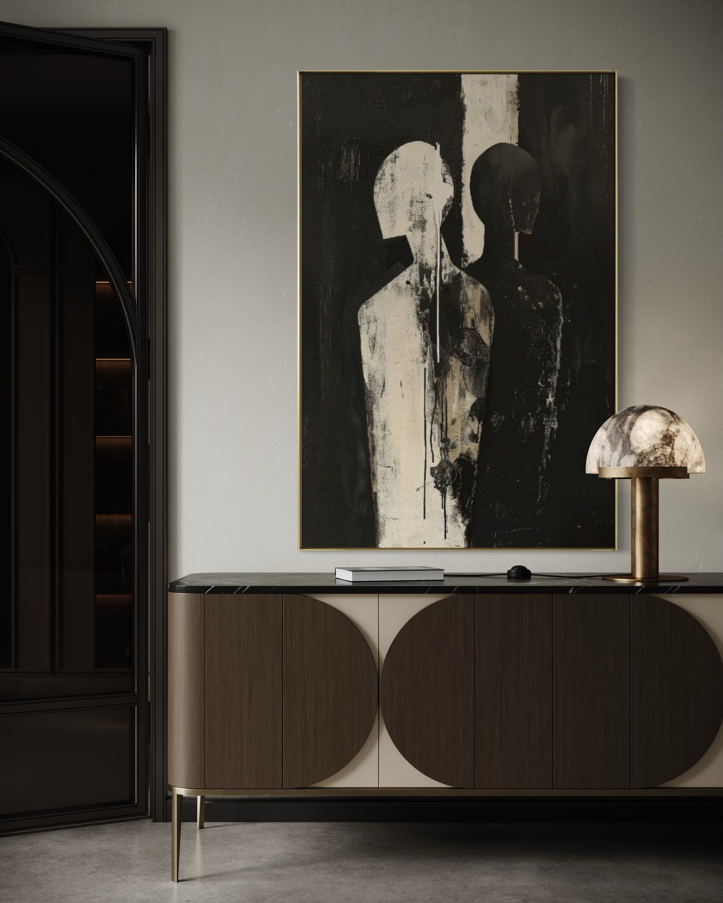 Cuadro Decorativo Abstracto Negro Arena 2-223 Siluetas Humanas Minimalistas Arte Moderno de Pareja Rostro en Negro y Beige Tonos Neutros