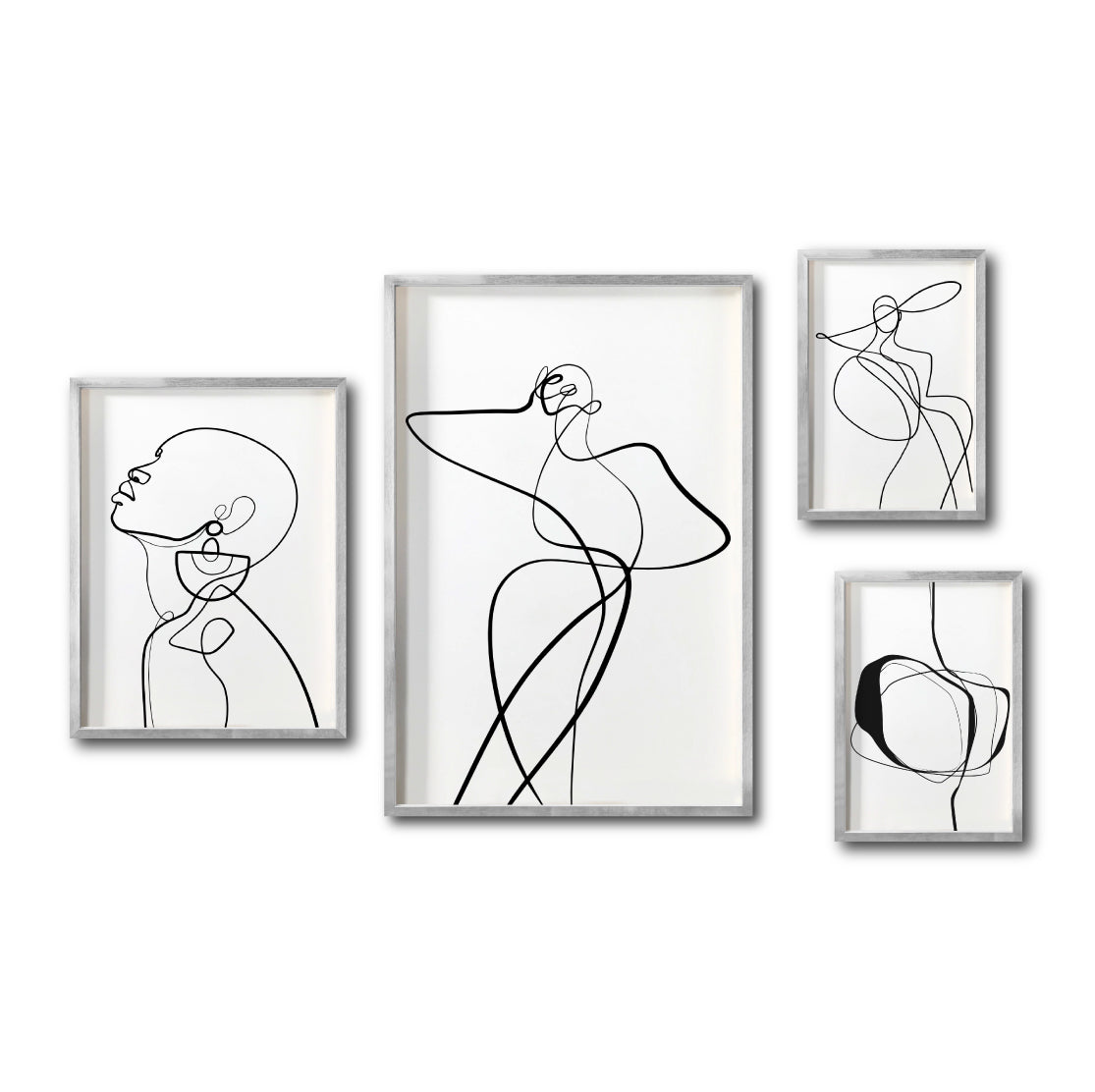 Set 4 Cuadros Decorativos Abstracto Negro Arena 009 - Trazo Línea Continua Siluetas Femeninas Estilo Boho Minimalista