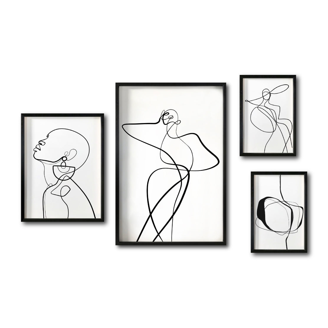 Set 4 Cuadros Decorativos Abstracto Negro Arena 009 - Trazo Línea Continua Siluetas Femeninas Estilo Boho Minimalista