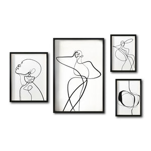 Set 4 Cuadros Decorativos Abstracto Negro Arena 009 - Trazo Línea Continua Siluetas Femeninas Estilo Boho Minimalista