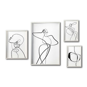 Set 4 Cuadros Decorativos Abstracto Negro Arena 009 - Trazo Línea Continua Siluetas Femeninas Estilo Boho Minimalista