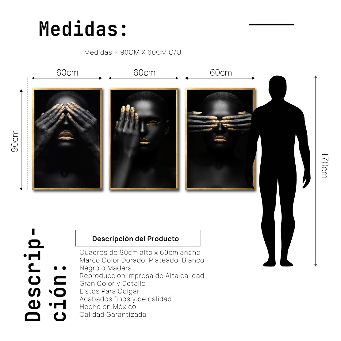 Set 3 Cuadros Decorativos Black Woman 009 - Mujer Negra Africana con Dorado