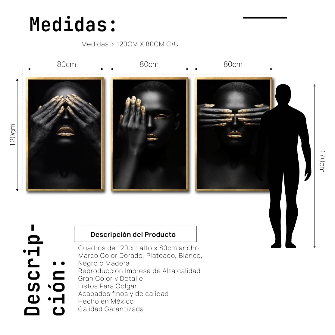 Set 3 Cuadros Decorativos Black Woman 009 - Mujer Negra Africana con Dorado
