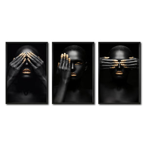 Set 3 Cuadros Decorativos Black Woman 009 - Mujer Negra Africana con Dorado