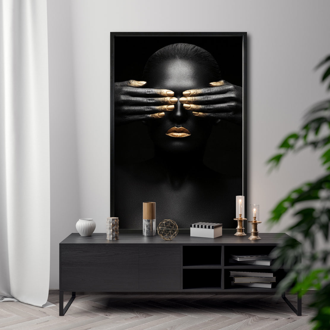 Set 3 Cuadros Decorativos Black Woman 009 - Mujer Negra Africana con Dorado