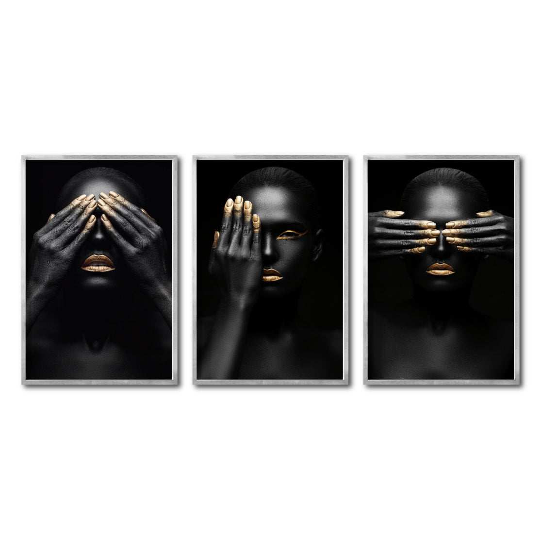 Set 3 Cuadros Decorativos Black Woman 009 - Mujer Negra Africana con Dorado