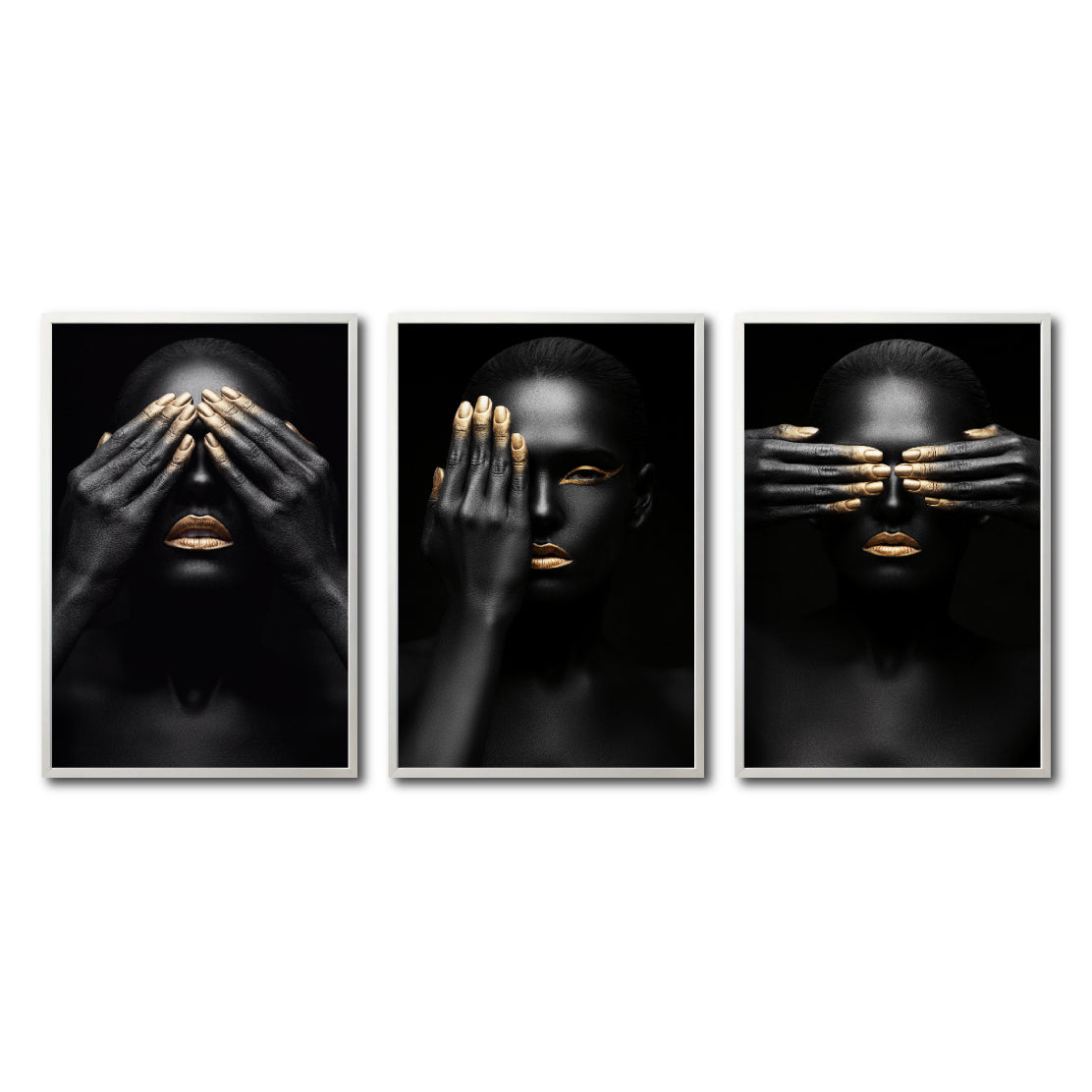 Set 3 Cuadros Decorativos Black Woman 009 - Mujer Negra Africana con Dorado