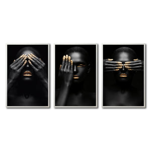 Set 3 Cuadros Decorativos Black Woman 009 - Mujer Negra Africana con Dorado