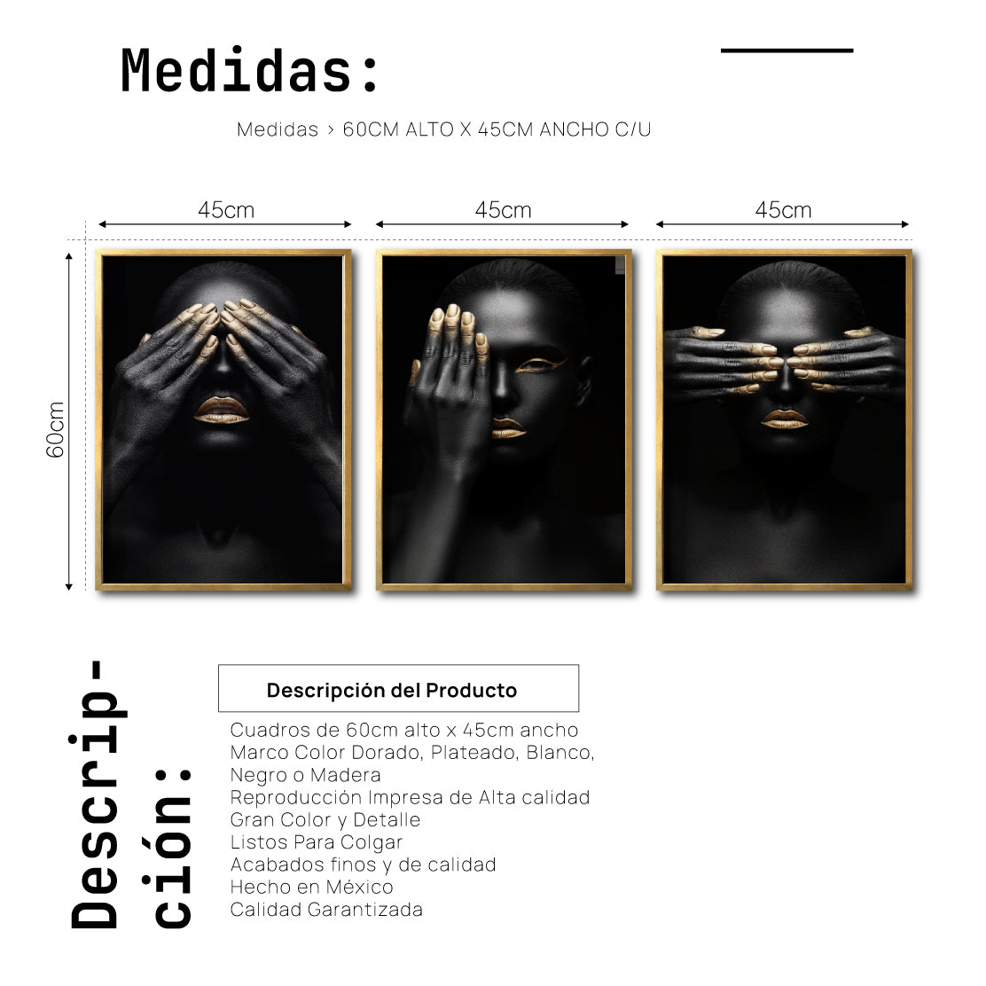 Set 3 Cuadros Decorativos Black Woman 009 - Mujer Negra Africana con Dorado