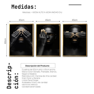 Set 3 Cuadros Decorativos Black Woman 009 - Mujer Negra Africana con Dorado