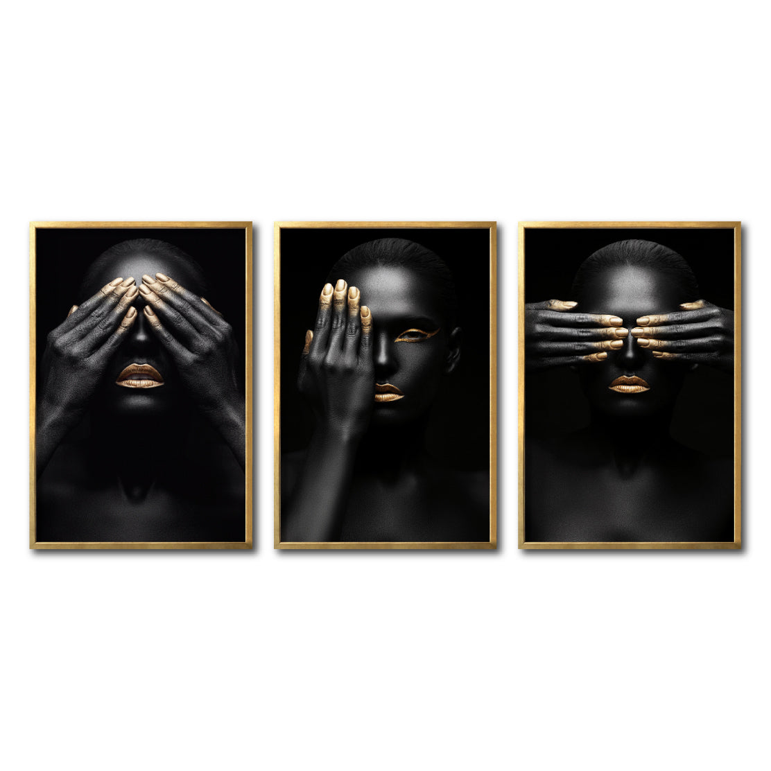 Set 3 Cuadros Decorativos Black Woman 009 - Mujer Negra Africana con Dorado