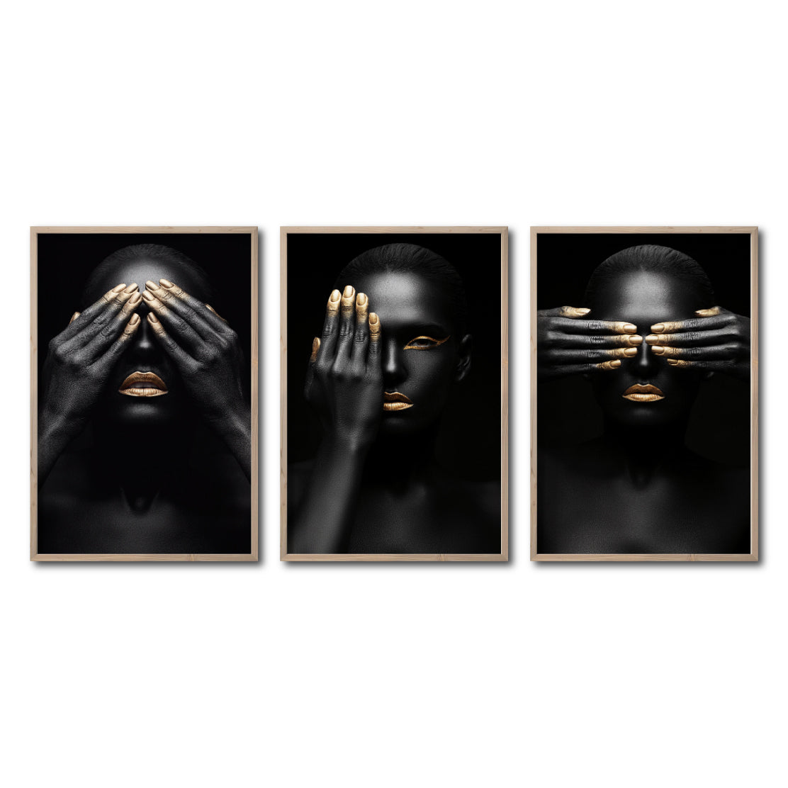 Set 3 Cuadros Decorativos Black Woman 009 - Mujer Negra Africana con Dorado