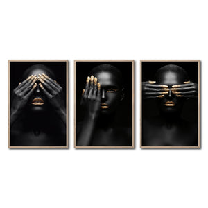Set 3 Cuadros Decorativos Black Woman 009 - Mujer Negra Africana con Dorado