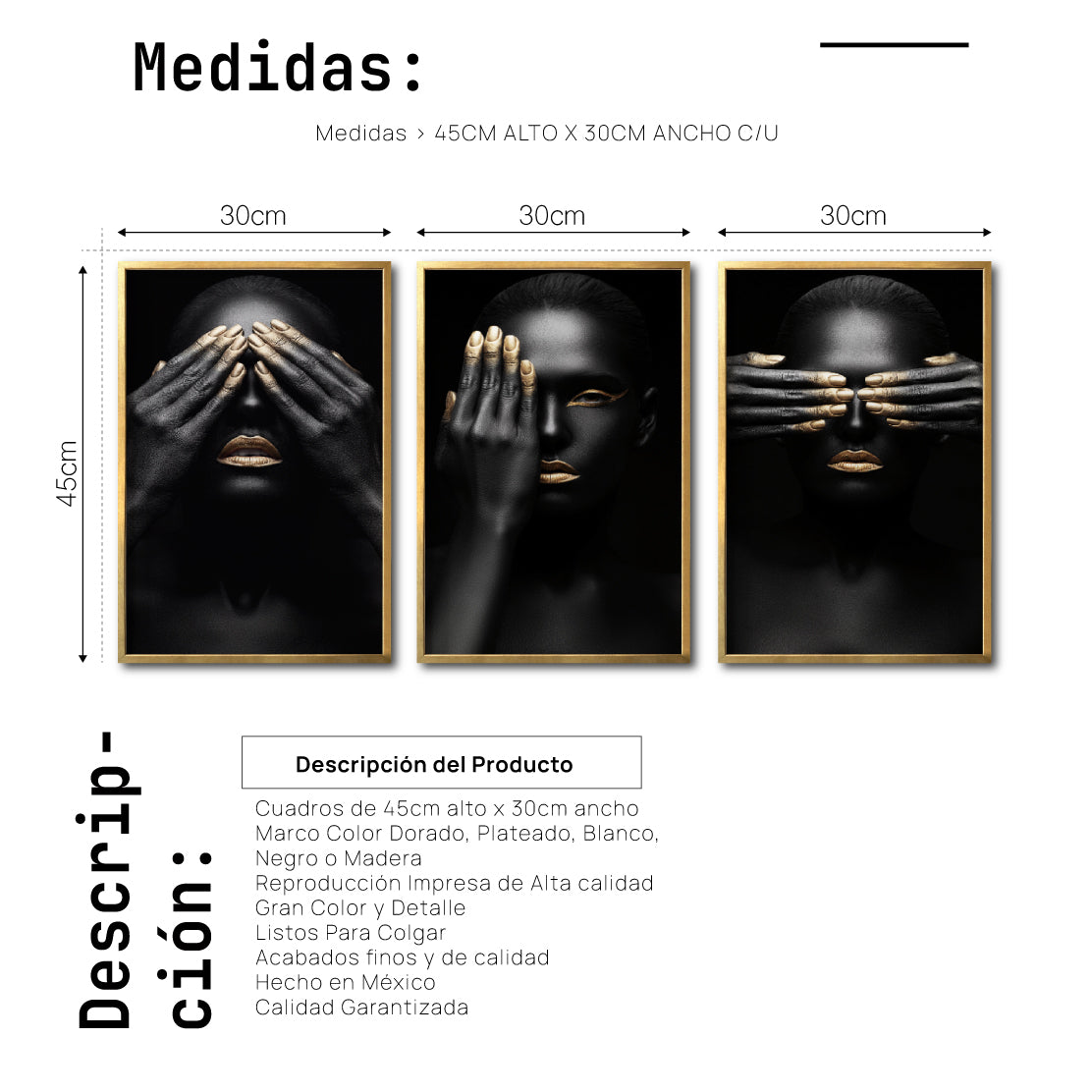 Set 3 Cuadros Decorativos Black Woman 009 - Mujer Negra Africana con Dorado