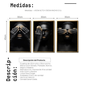 Set 3 Cuadros Decorativos Black Woman 009 - Mujer Negra Africana con Dorado