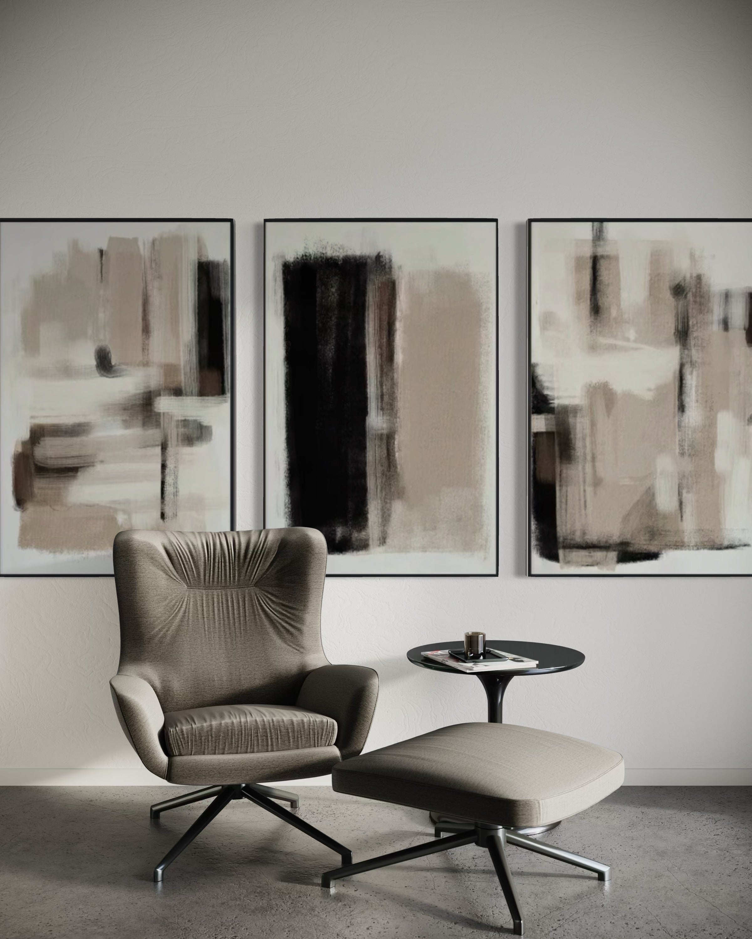 Set Cuadros Decorativos Abstracto Negro Arena 2 - 204 - Triptico Moderno Arte Minimalista estilo Nordico Boho en Tonos Neutros