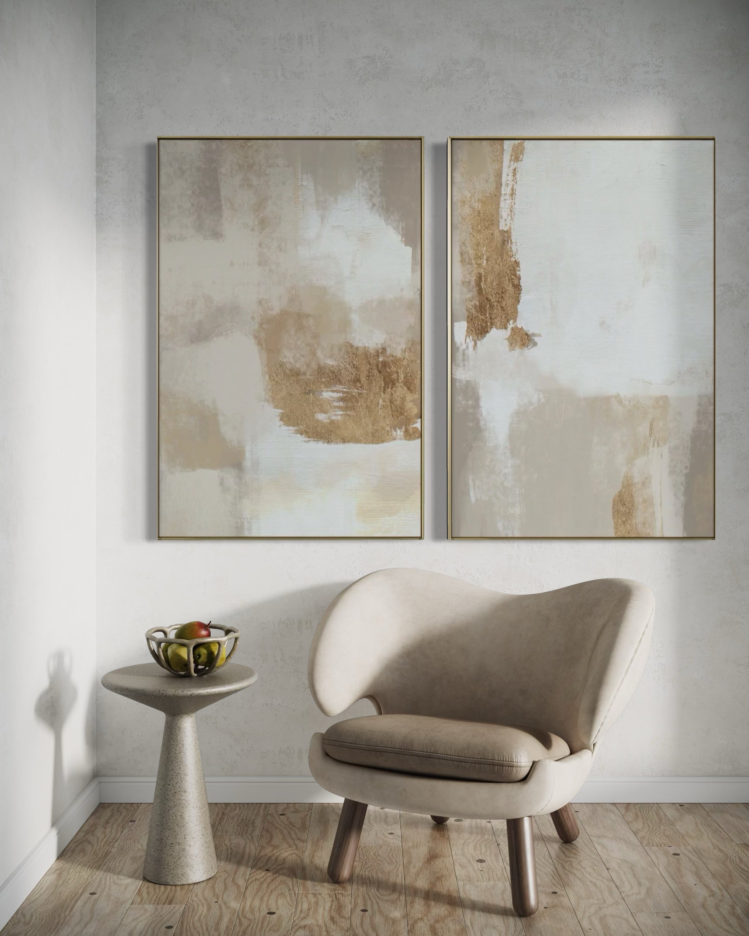 Set Cuadros Decorativos Abstracto Negro Arena 2 - 279 - Diptico Moderno y Elegante Arte Estilo Boho en Blanco, Beige y Dorado Oro