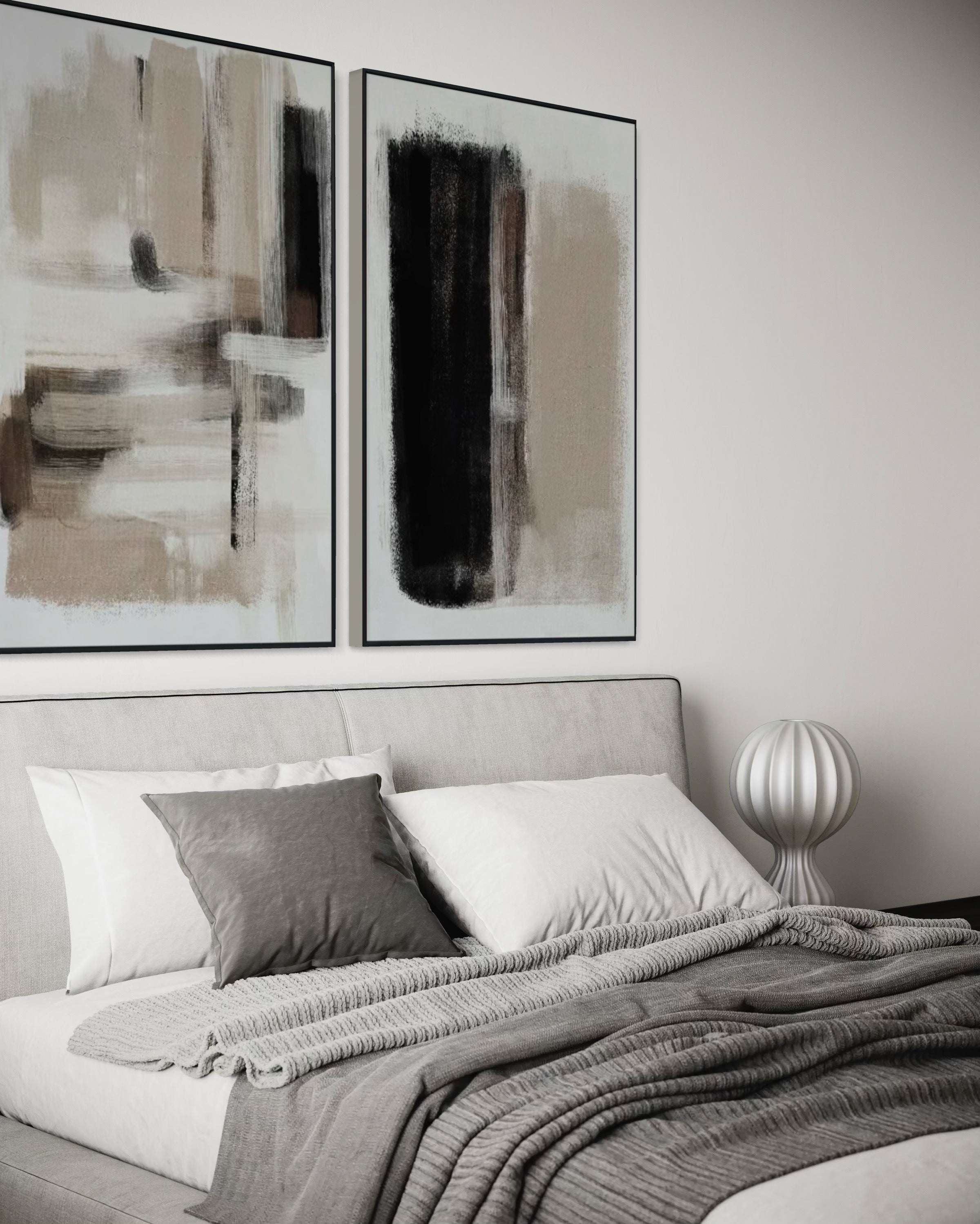 Set Cuadros Decorativos Abstracto Negro Arena 2 - 204 - Díptico Moderno y Minimalista estilo Nordico En Tonos Neutros Beige, Negro y Blanco